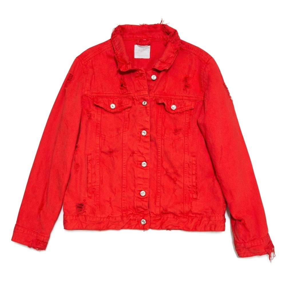 ZARA Trafaluc Red Distressed Denim Jacket Women’s M Raw Hem Grunge Punk